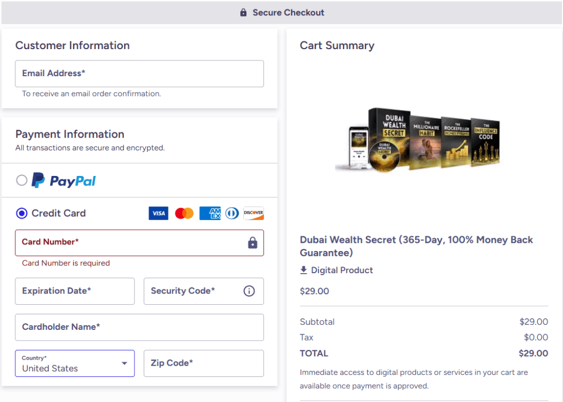 Dubai Wealth Secret Checkout Page